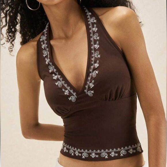 Boho Halter Brown White Top Medium - Picture 1 of 5